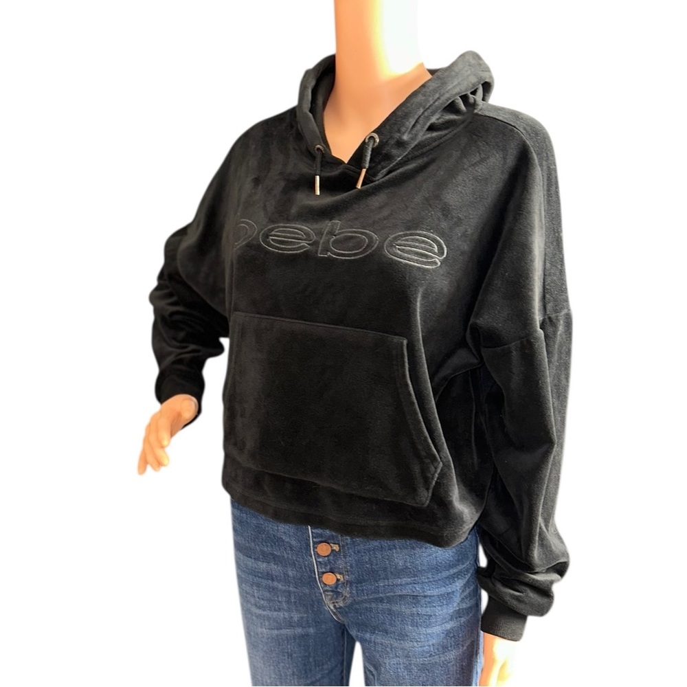 Bebe Women’s Y2K Cropped Sport Plush Black Hoodie ~ Size M - Picture 5 of 11
